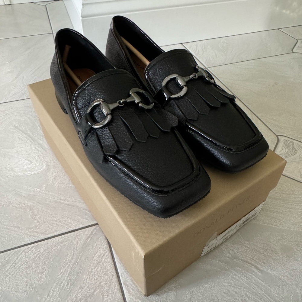 Donald J. Pliner Black Leather Loafers with Metal Hardware